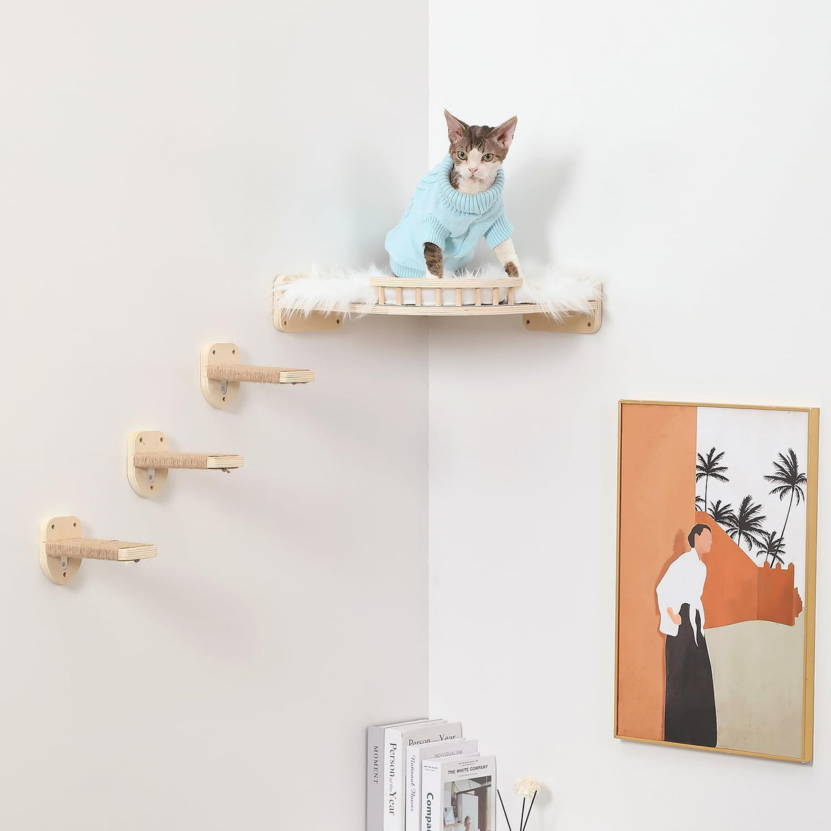 Large Cat Shelves with 3 Steps, Wall Mounted Cat Climbing Shelf with Plush Covered Bed, for Indoor Cats (Wood)