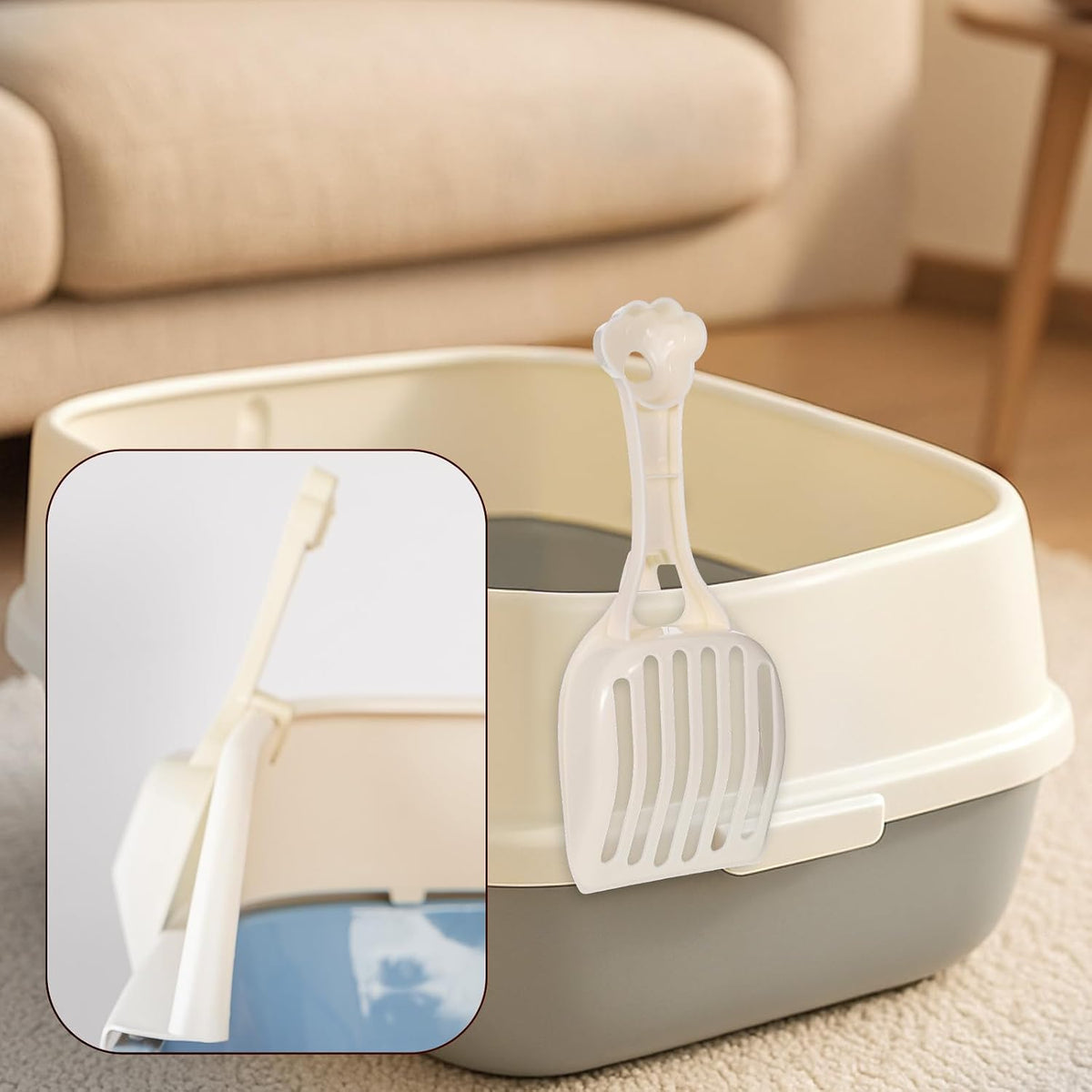 COMNICO Cat Litter Scoop, Durable Plastic Kitty Litter Sifter Scooper with Wide Slats Comfy Handle Deep Shovel Pooper Lifter Captures All Clumps for Easy Sifting Pine Pellets Box (Milky White)