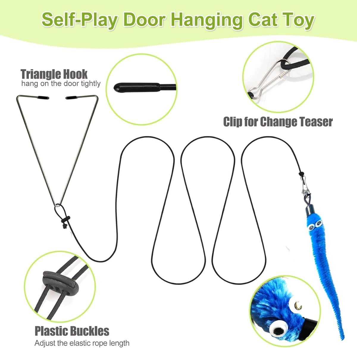 Door Hanging Cat Toys with Suction Cups, Interactive Hanging Feather & Plush Cat Toy with Bell, Assorted Replaceable Refills for Indoor Kitten Hunting Exercise & Boredom Relief (caterpillar)