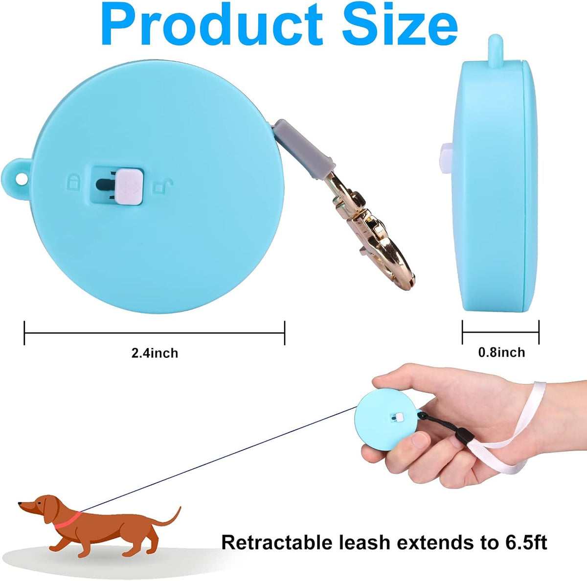 Retractable Dog Leash for Small Dogs Cats up to 11lbs with 6.5ft Anti-Pull Strong Nylon Tape, Hands Free, Mini and Portable Walking Leash with Wrist Strap, One-Hand Brake, Blue Round