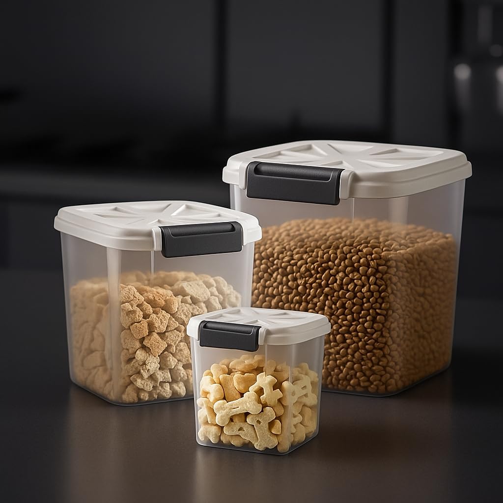 LivLab Mker 20 lb Stackable Pet Food Storage Containers, 3 Pack | Three stackable airtight bins hold 4, 6, and 10 lb for 20 lb total; includes 3 measuring cups and clear BPA-free bodies.