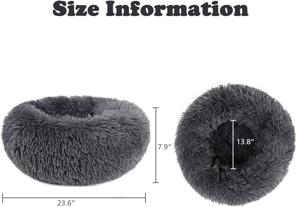 otoez Round Donut Dog Bed for Small Dogs, Washable Cat Calming Bed Cuddler Anti Anxiety Fluffy Plush Dog Cat Bed with Non-Slip Waterproof Bottom (23.6", Dark Grey)
