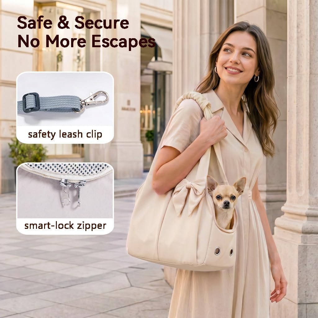 Fashion Dog Purse Carrier for Small Dogs and Cats, Soft-Sided Puppy Tote Bag Up to 13 lbs, Lightweight Pet Carrier with 4 Pockets, Smart Zipper Lock, Pet Travel Bag for Travel Outdoor(Beige)
