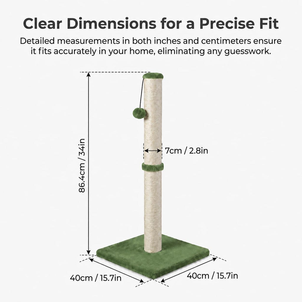 Dimaka Tall Cat Scratching Post, Claw Scratcher with Sisal Rope and Covered with Soft Smooth Plush, Vertical Scratch [Full Strectch] for Standard Size Cats (Green, 34 inches for Large Cats)