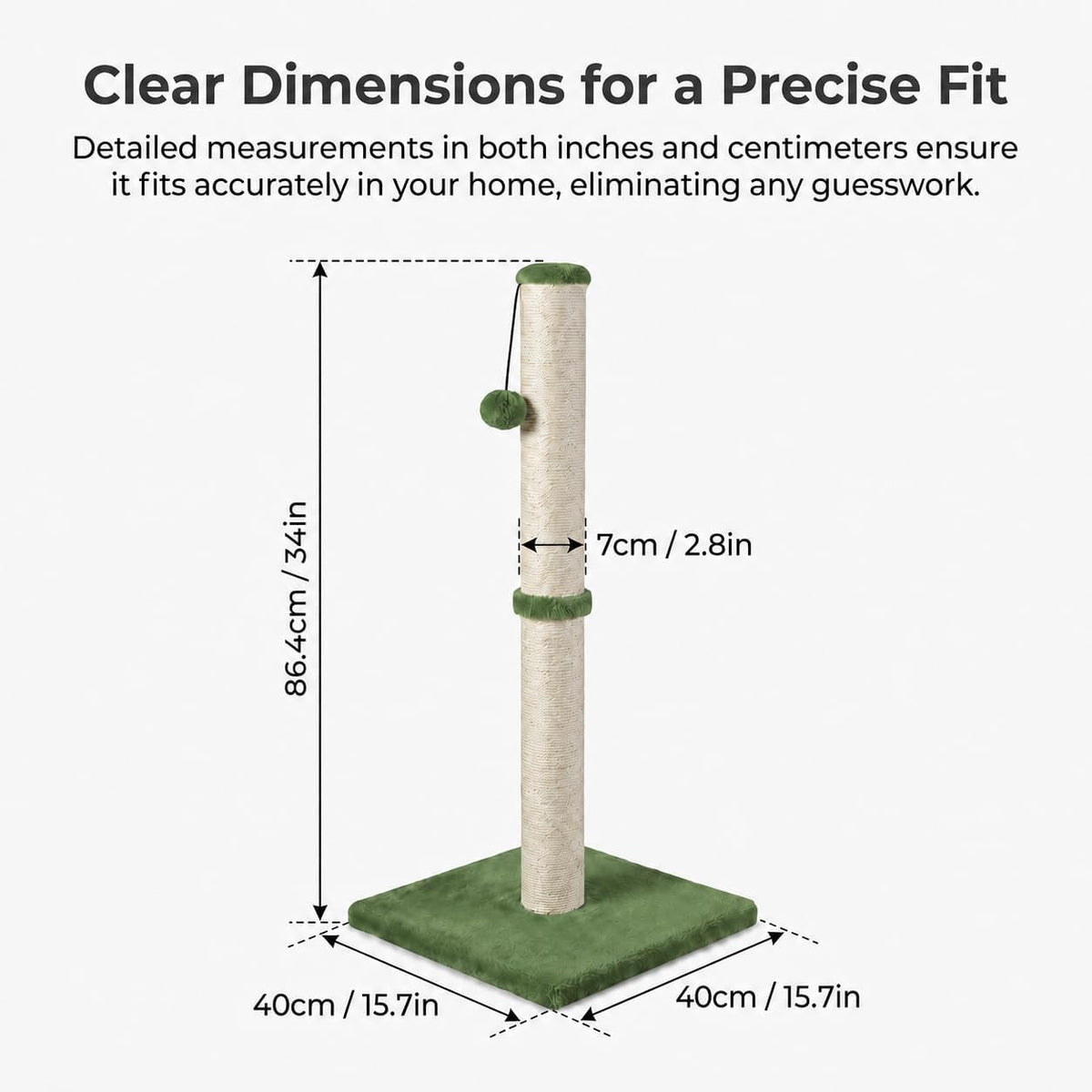 Dimaka Tall Cat Scratching Post, Claw Scratcher with Sisal Rope and Covered with Soft Smooth Plush, Vertical Scratch [Full Strectch] for Standard Size Cats (Green, 34 inches for Large Cats)