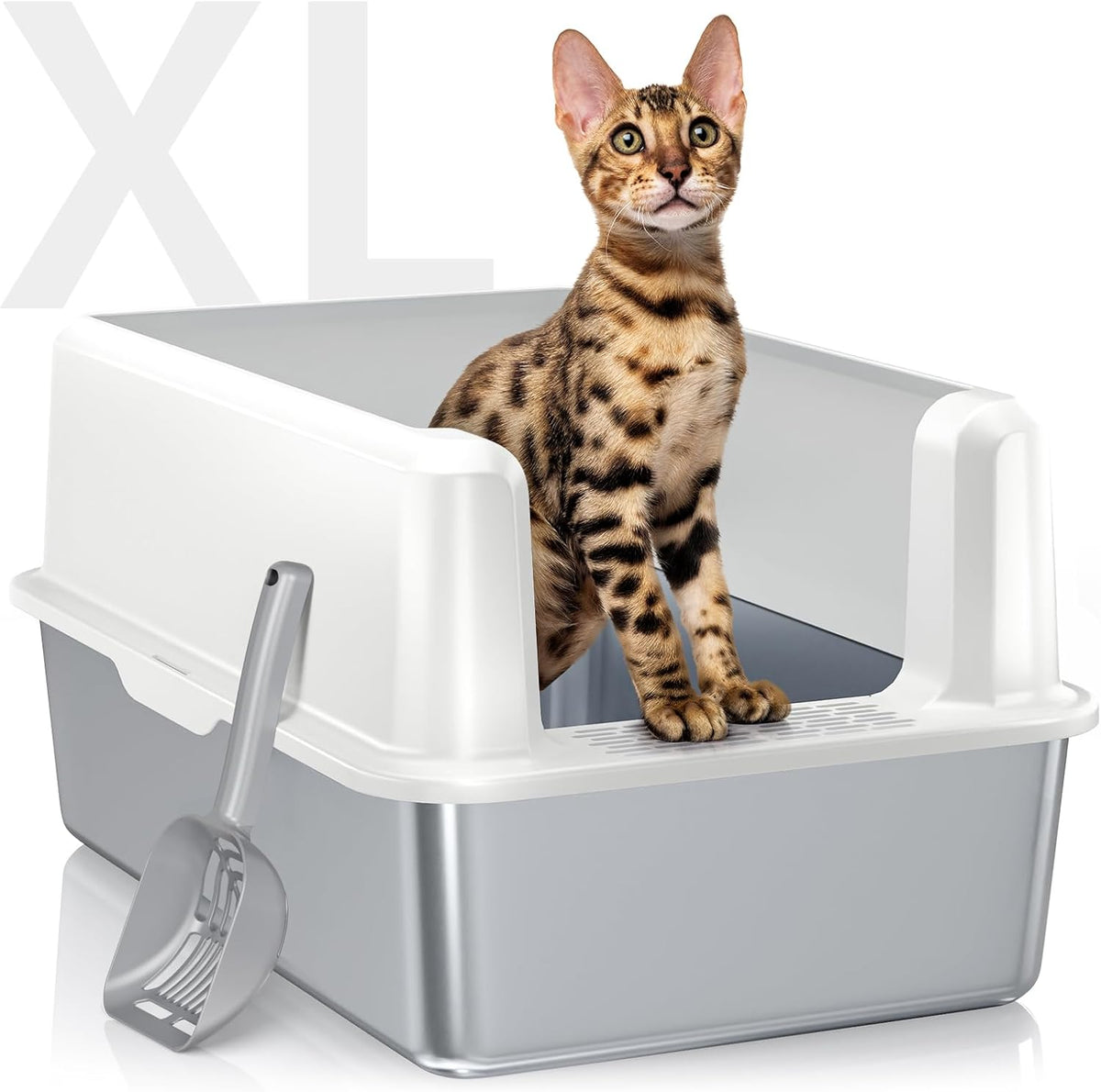 Stainless Steel Cat Litter Box, XL High Sided Open Top Pan with Scoop | XL for Big Cats, Non-Stick Odor-Free, 20L 30-Day Use Easy Clean, High Sides Block Spray & Tracking, Durable 3-5Yrs