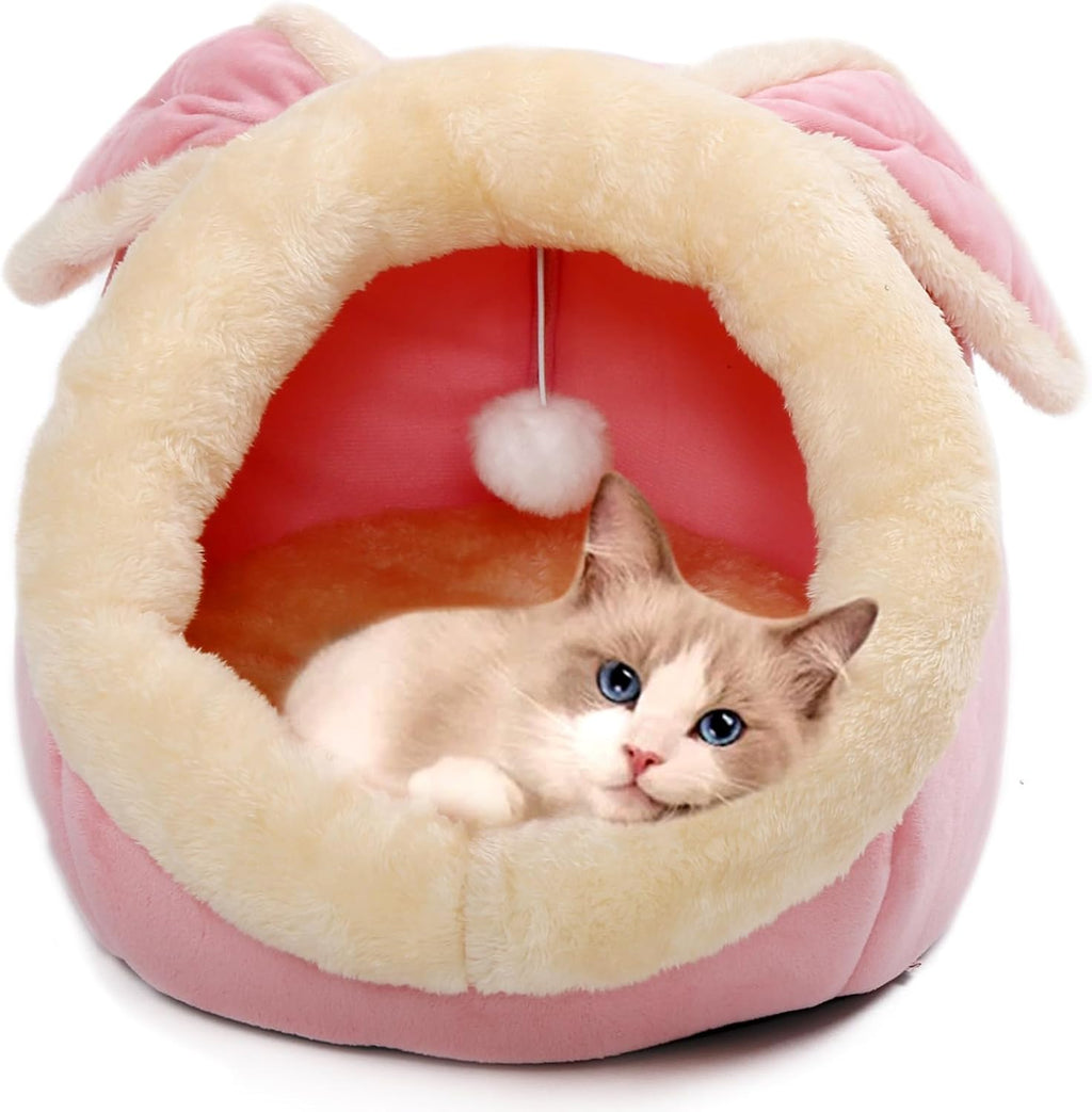 Cat Beds for Indoor Cats-Rabbit-Shaped Cat Cave Bed with Hanging Toy,Pink M