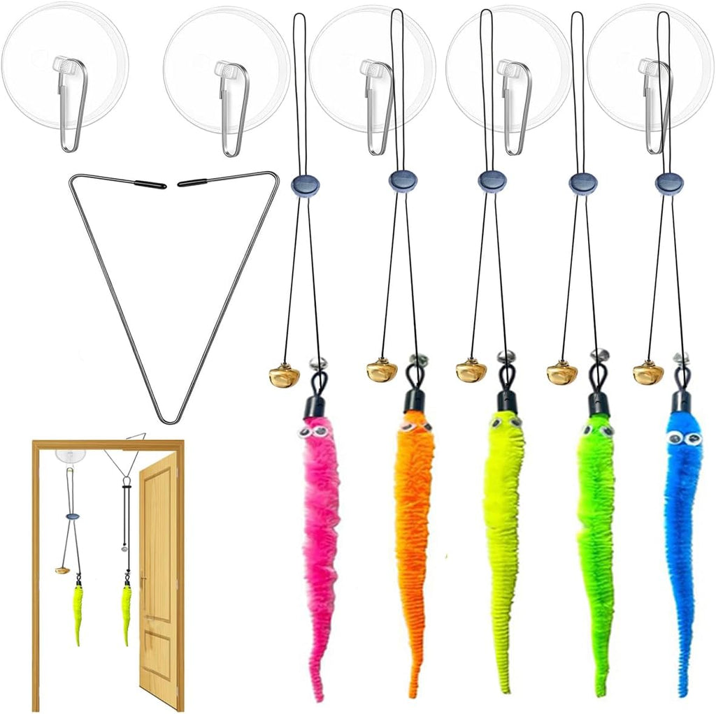 Door Hanging Cat Toys with Suction Cups, Interactive Hanging Feather & Plush Cat Toy with Bell, Assorted Replaceable Refills for Indoor Kitten Hunting Exercise & Boredom Relief (caterpillar)