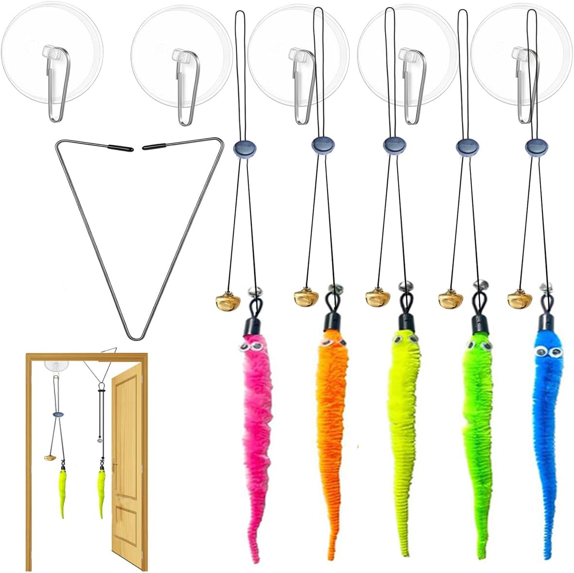 Door Hanging Cat Toys with Suction Cups, Interactive Hanging Feather & Plush Cat Toy with Bell, Assorted Replaceable Refills for Indoor Kitten Hunting Exercise & Boredom Relief (caterpillar)