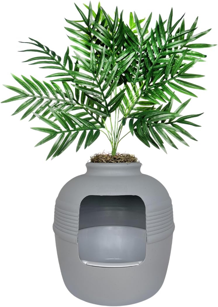 Good Pet Stuff Original Hidden Litter Box Planter, Decorative Cat Litter Enclosure, Carbon Filter, Faux Plant, Easy to Clean, Round Design, Removable Tray, Essentials Kit, Palm Plant, Pebble Gray