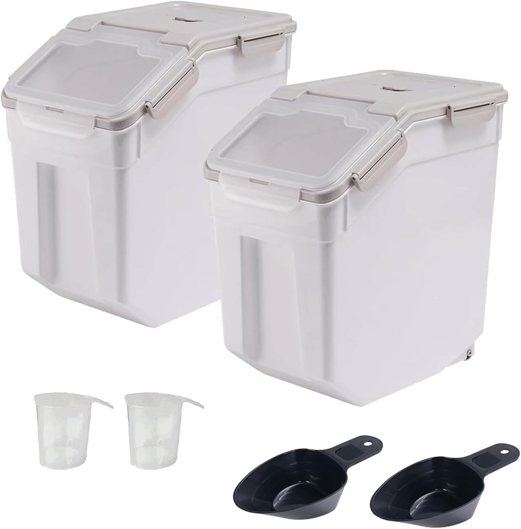 2 Pack Rice Storage Container with Measuring Cup 50 lb Flour Storage Container with Wheels, BPA Free Food Storage Container Dog Cat Food Bin Set for Dry Food Sugar, Cereal(Gray)