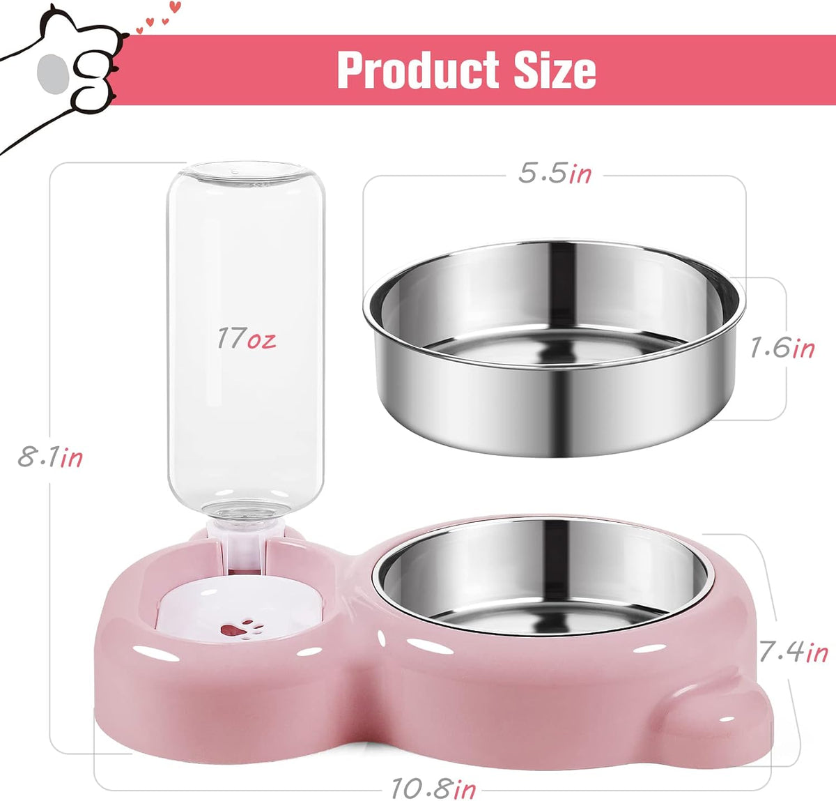 Dog Bowls, Cat Food and Water Bowl Set with Water Dispenser and Stainless Steel Bowl for Cats and Small Dogs - Pink 