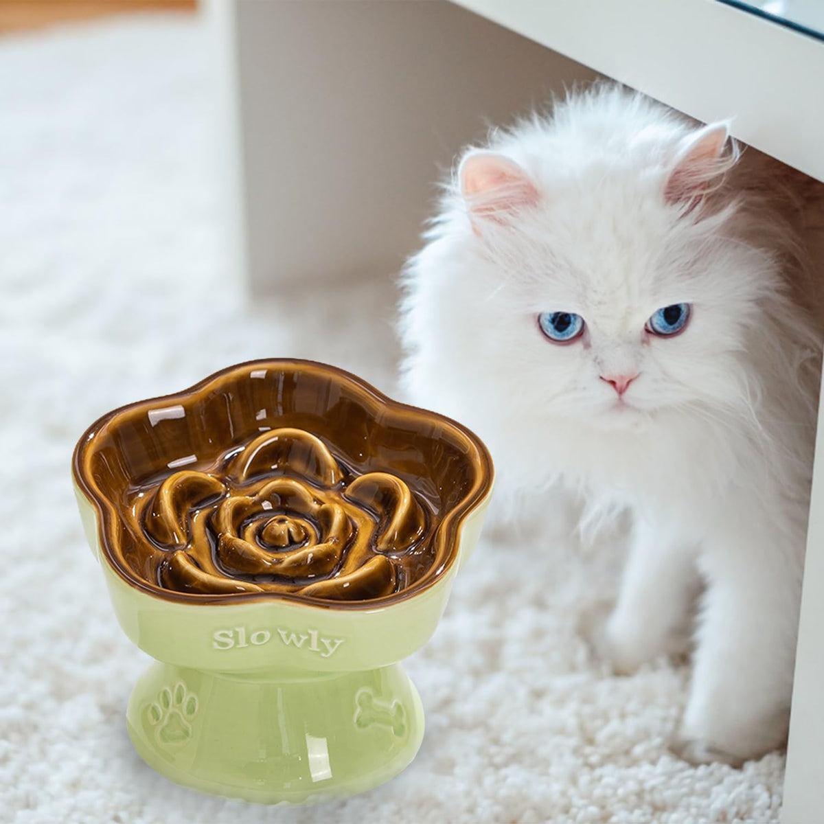 S&Q's CERAMICS Raised Slow Feeder Cat Bowl, Ceramic Elevated Cute Pet Food Bowl Small Dogs Slow Feeder, Flower Shaped Cute Cat Dish for Dry and Wet Food (Brown, 5.8")