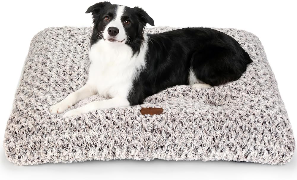 Dog Bed Crate Pad - Rosette Pattern White Velvet Pet Bed Anti-Slip Comfy Kennel Pad for Crates Rosette Brown L