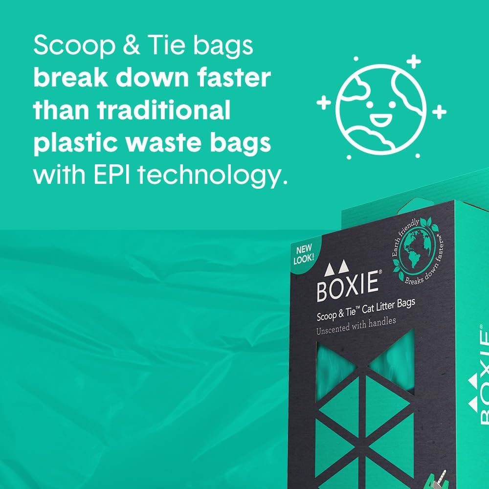 Boxie Sustainable Scoop & Tie Pet Waste Bags, 240 Count, Leak-Proof, Easy-to-Tie Handles, Eco-Friendly, Odor Control, EPI Technology, Durable for Cat Litter & Dog Waste (Pack of 2)