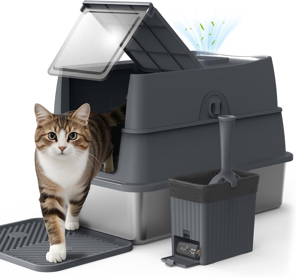 AIPERRO Enclosed Stainless Steel Cat Litter Box with Lid High Sided | Enclosure FILP-Top Metal Litter Boxes with Scoop Set for Big Cats | Odor‑Resistant | Non-Sticky, Anti-Leakage & Easy Cleaning