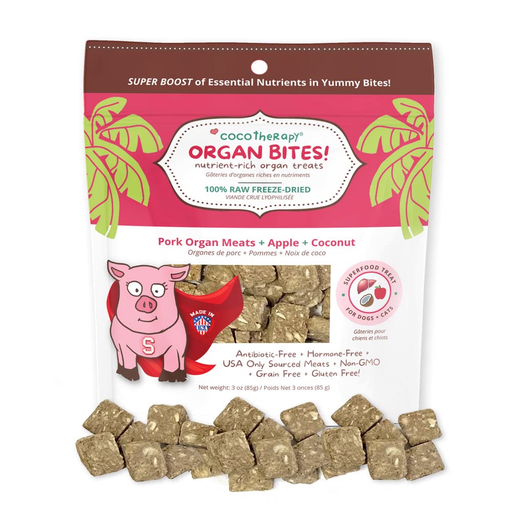 CocoTherapy Organ Bites! Dog and Cat Treat (Pork + Apple), 3 Oz.