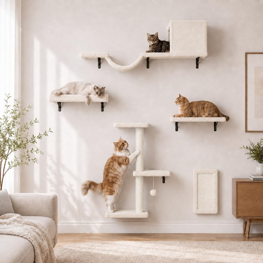 Cat Wall Shelves Set - 5 in 1 Wall-Mounted Cat Tree with Scratching Post - Perch, Condo, and Climbing Platforms - Ivory