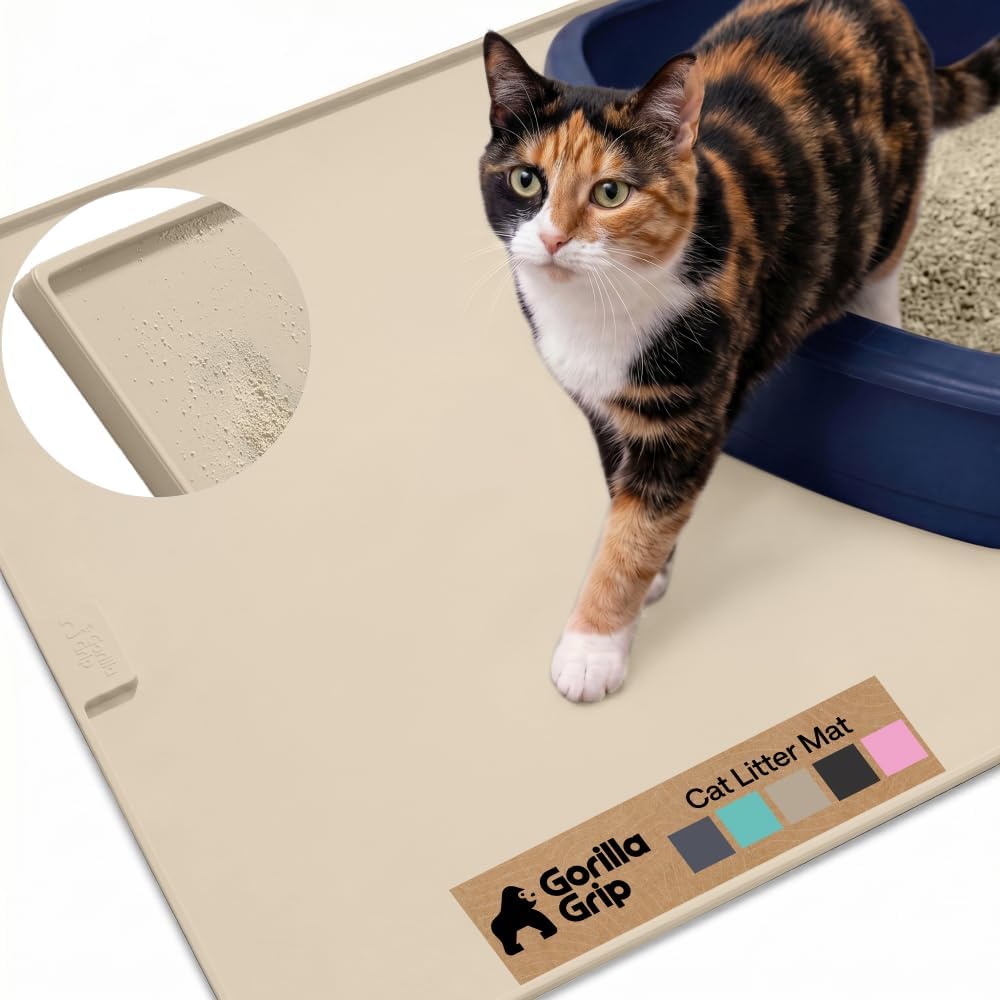 GORILLA GRIP Cat Litter Mat, Easy Clean Silicone Mats, 24x15 Beige