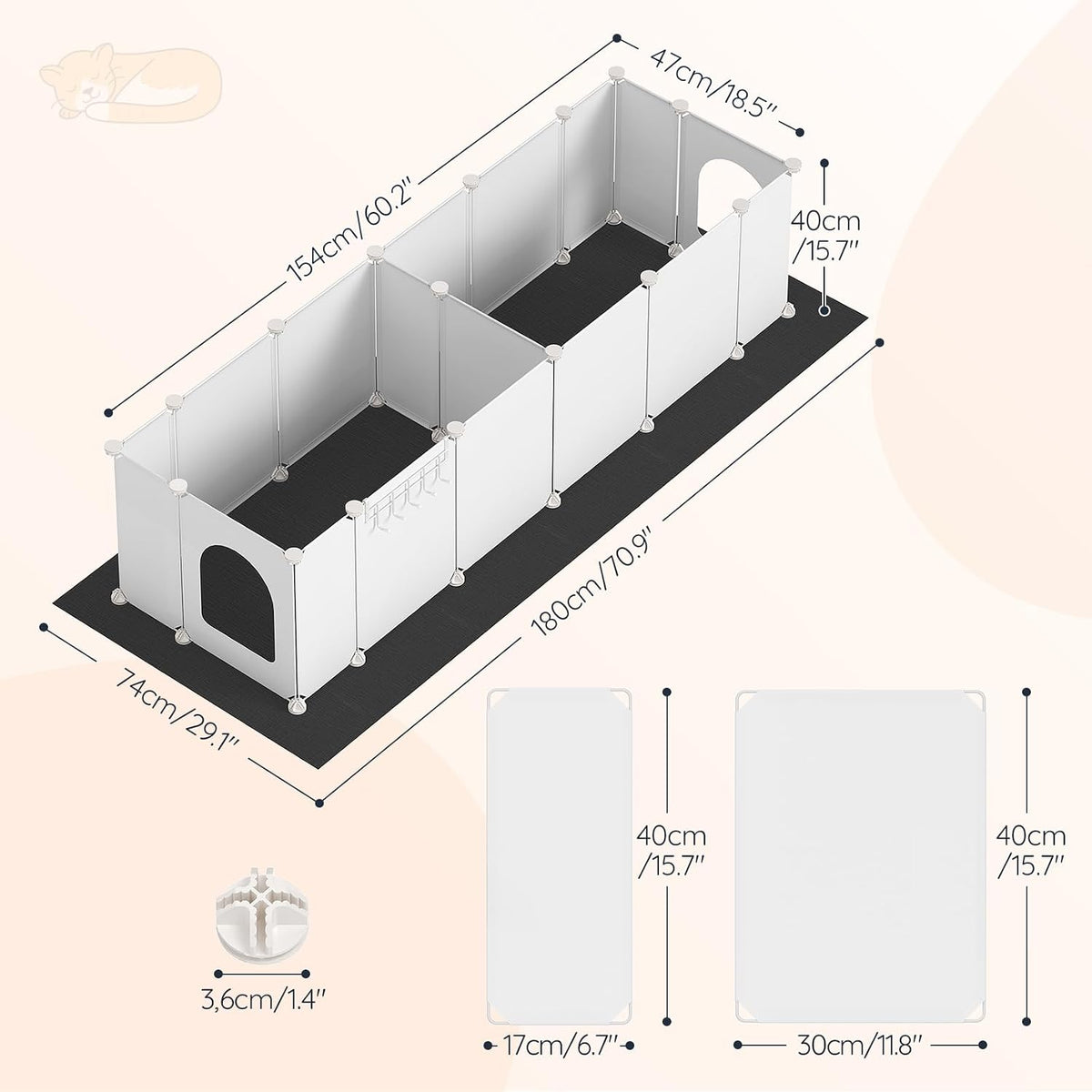 HOOBRO 2 Pack Cat Litter Box Enclosure Splash Guard with Large Oxford Mat, Plastics High-Edge Litter Guard with Drain Hooks, DIY Assembly, 70.9" L x 29.1" W x 15.7" H, Easy to Clean, White WT08PP03