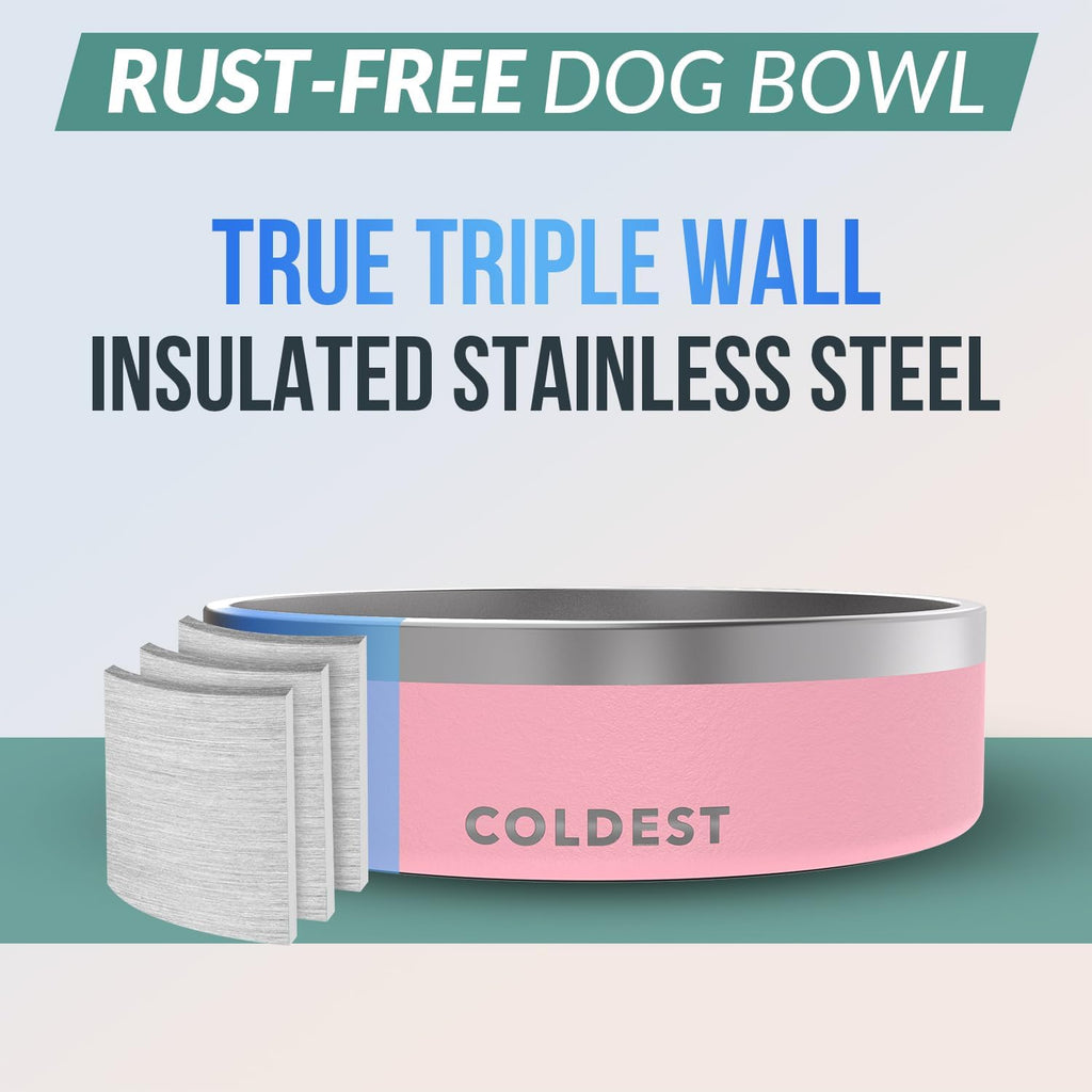 Coldest Dog Bowl - Anti Rust Metal, Non Slip, 3 Layers Insulated Stainless Steel Dog Bowls - Spill Proof & Heavy Duty - Water Bowl for Dogs, Cats & Pets, Dish Washer Safe (42 oz,Cotton Candy Pink) 