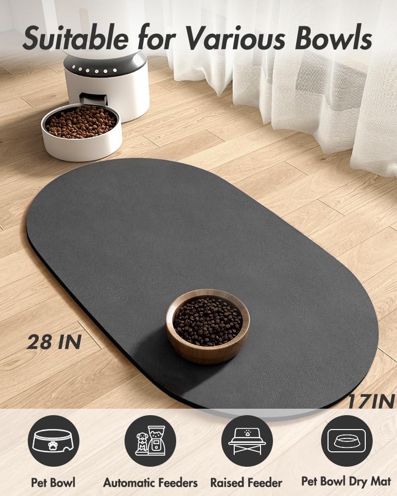 MontVoo Absorbent Dog Food Mat-Dog Mat for Food and Water Bowl | Quick Dry Pet Dish Mat, No Stains & Easy Clean Cat Rug for Messy Drinkers Cat Accessories Pet Supplies, 17"x28", Darkgrey