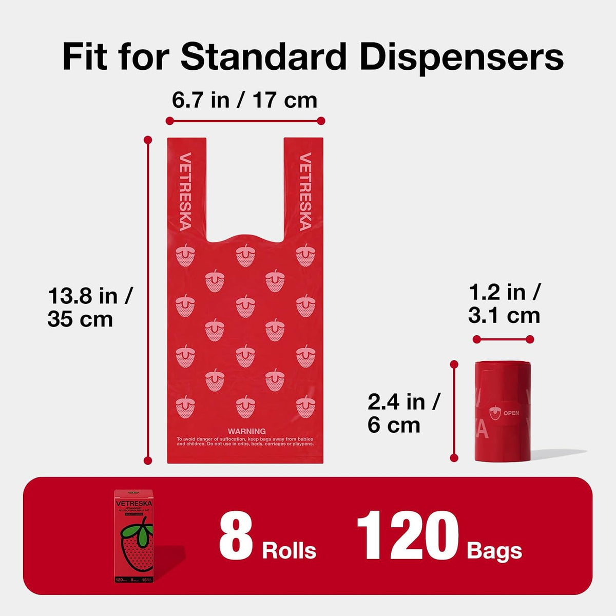 VETRESKA Dog Poop Bags with Handle 120 Count, Strawberry Scented Waste Bag | Leak-Proof Thick Dog Bags for Poop, Easy-Tie Large Poop Bags, 8 Refill Rolls for Dog Walking Cat Litter