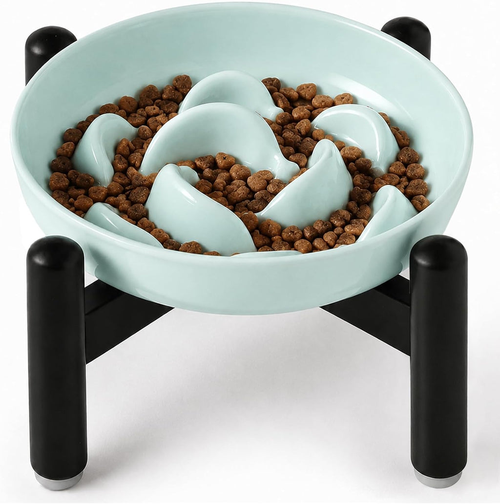 Elevated Slow Feeder Cat Bowl - Melamine Cat Food Plate with Anti-Slip Metal Stand - Raised Maze Dish for Slow Eating - Pale Blue