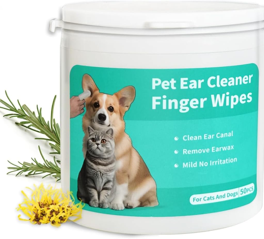 Pet Ear Cleaner Finger Wipes for Dogs, Cats, Alcohol-Free Formula