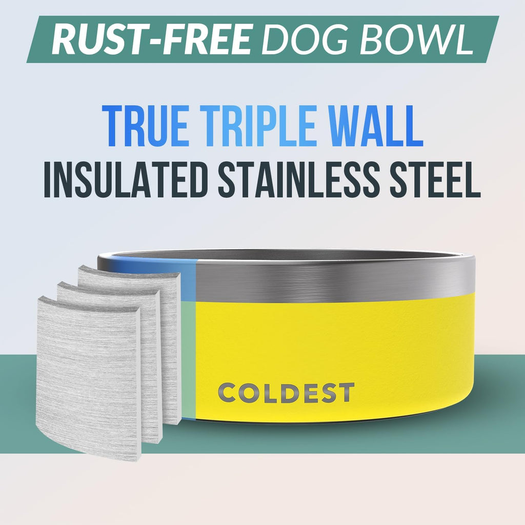Coldest Dog Bowl - Anti Rust Metal, Non Slip, 3 Layers Insulated Stainless Steel Dog Bowls - Spill Proof & Heavy Duty - Water Bowl for Dogs, Cats & Pets, Dish Washer Safe (64 oz, Solar Yellow) 