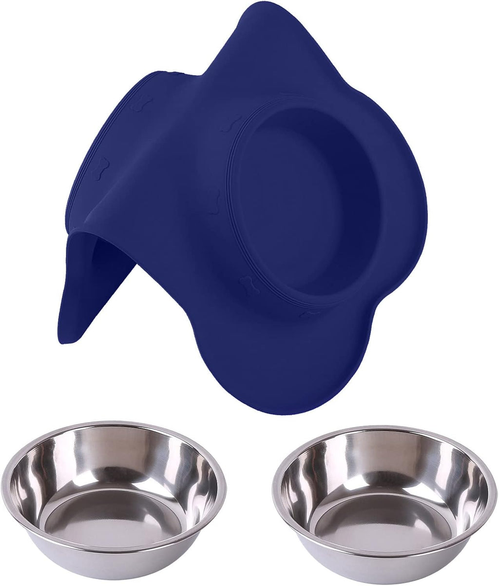 Hubulk Pet Dog Bowls 2 Stainless Steel Dog Bowl with No Spill Non-Skid Silicone Mat + Pet Food Scoop Water and Food Feeder Bowls for Feeding Small Medium Large Dogs Cats Puppies (Small, Navy Blue) 