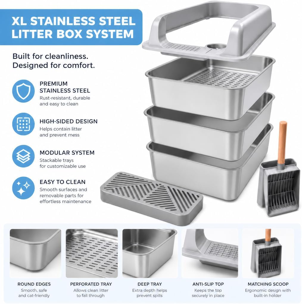 XL Stainless Steel Sifting Cat Litter Box with High Sides and Odor Control | Metal Cat Litter Box With Sifting Tray, Anti-Urine Splash Guard, Non-Slip Feet, Entry Step And Scoop Holder For Clean Homes
