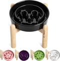 LE TAUCI Ceramic Slow Feeder Dog Bowls Elevated, 0.6 Cups Raised Dog Bowl with Wooden Stand for Small Breed, Pet Dishes to Slow Down Eating, Skull Black