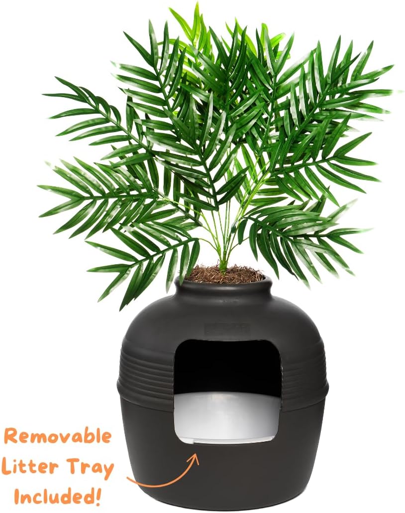 Good Pet Stuff Original Hidden Litter Box Planter, Decorative Cat Litter Enclosure, Carbon Filter, Faux Plant, Easy to Clean, Round Design, Removable Tray, Essentials Kit, Palm Plant, Charcoal Black
