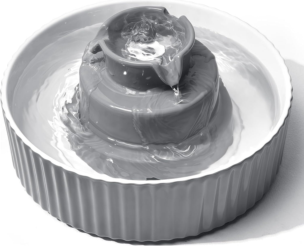 2.1L Ceramic Cat Water Fountain-for Cats and Dogs, 360 Ceramic Pet Fountain-70 Oz Large Water Capacity - Whisper-Quiet Water Flow-Great for Shy or Timid Pets - Fresh, Filtered Water（Grey）