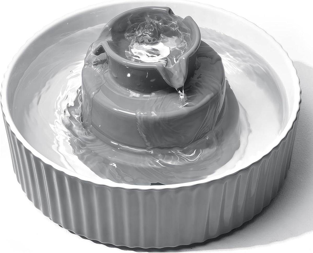 2.1L Ceramic Cat Water Fountain-for Cats and Dogs, 360 Ceramic Pet Fountain-70 Oz Large Water Capacity - Whisper-Quiet Water Flow-Great for Shy or Timid Pets - Fresh, Filtered Water（Grey）
