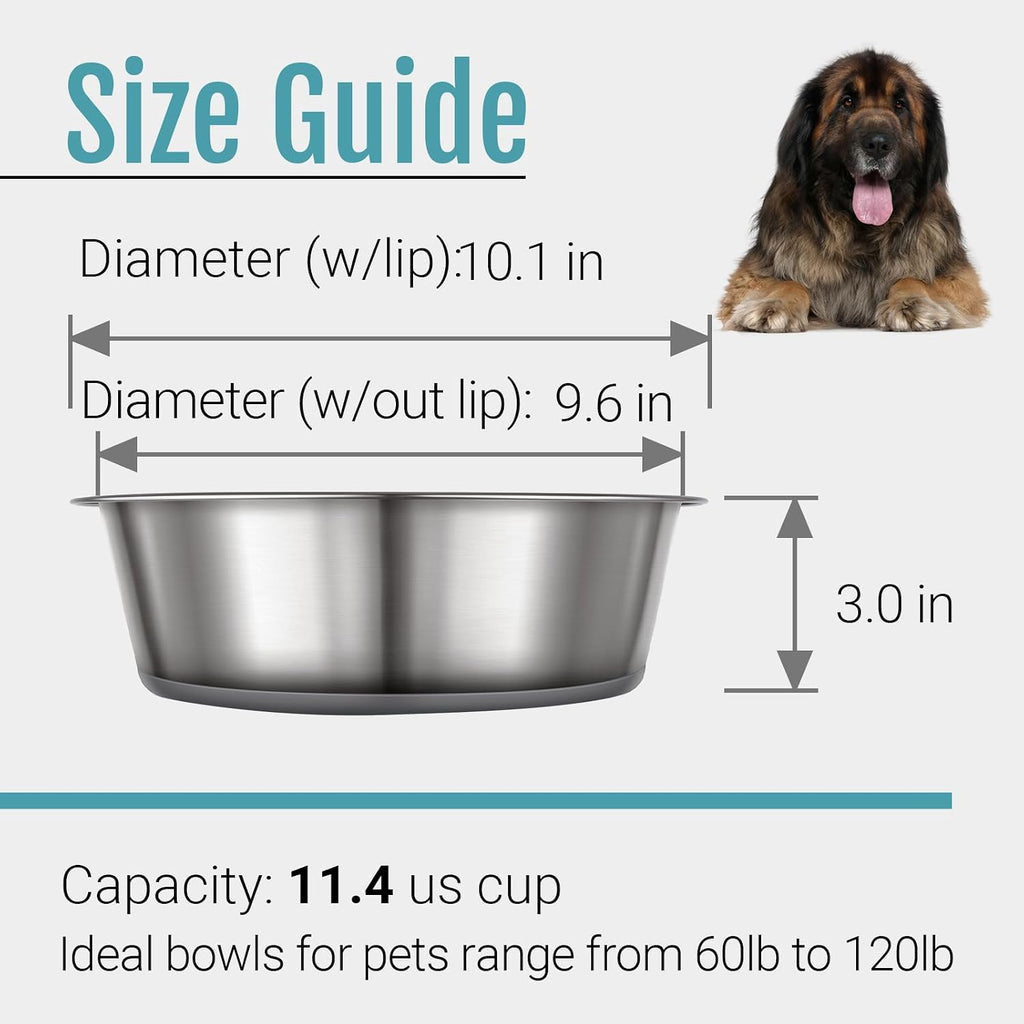 Nonslip Stainless Steel Dog Bowls, 11.4 US Cup, 2 Count | No slide silicone bottom, Dishwasher safe, Easy to clean, Stackable design 