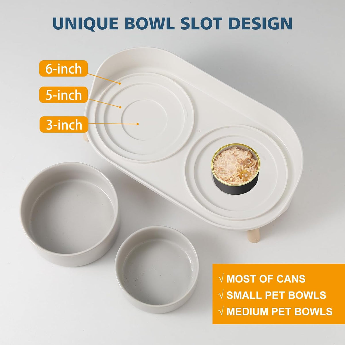 Elevated Ceramic Dog Bowl Set - Double Dog Feeding Bowls with Stand Splash Proof - Raised Dishes for Food and Water - Ideal for Small to Medium Dogs - 2 x 720 ml - 11.3 oz - Grey