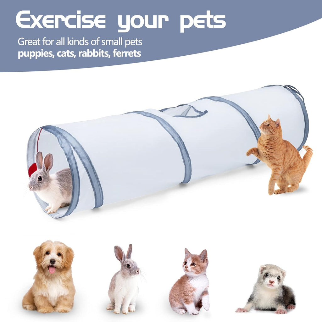 Sheldamy Cat Tunnel, 2-Way Cat Tunnels for Indoor Cats, Collapsible Cat Play Tunnel, Interactive Toy Maze Cat House with 1 Play Ball for Cats, Puppy, Kitty, Kitten, Rabbit (White & Grey)