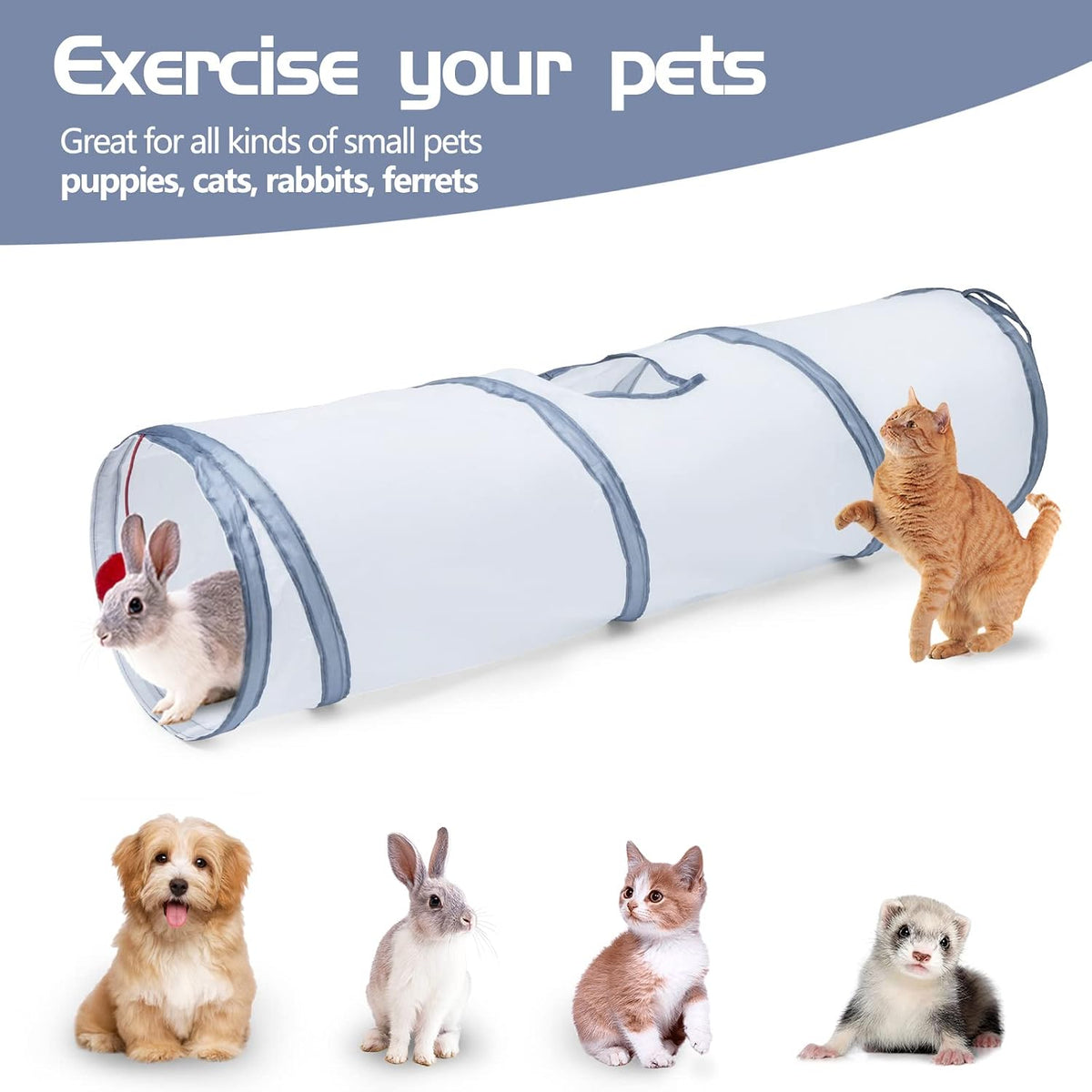 Sheldamy Cat Tunnel, 2-Way Cat Tunnels for Indoor Cats, Collapsible Cat Play Tunnel, Interactive Toy Maze Cat House with 1 Play Ball for Cats, Puppy, Kitty, Kitten, Rabbit (White & Grey)