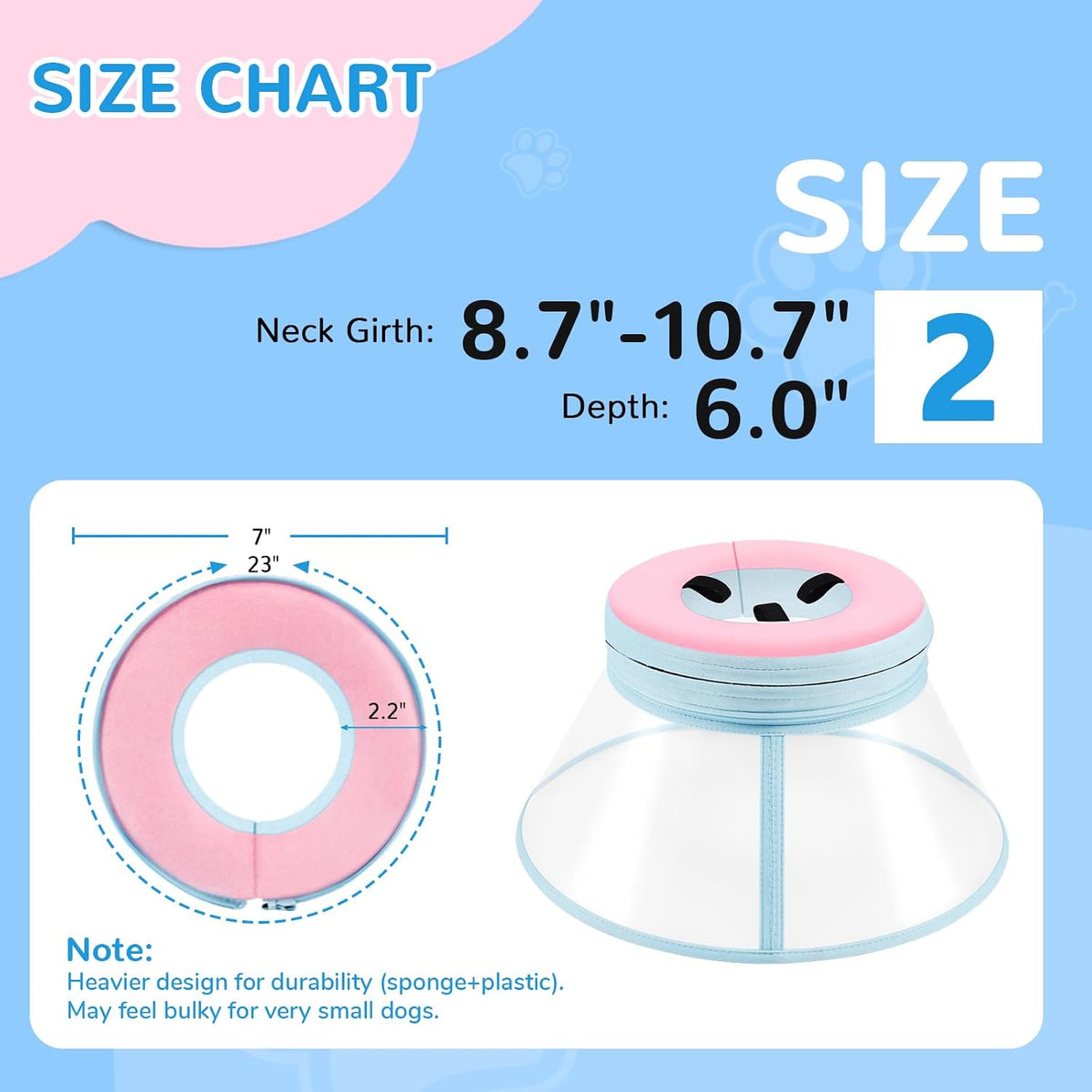 Sponge Core Dog Cone, Inflatable Dog Cone Collar Alternative, Dogs Donut Collar After Surgery, Soft Cone for Large Medium Small Dogs to Stop Licking, No Inflation Required, Clear View(Size 2, Pink)