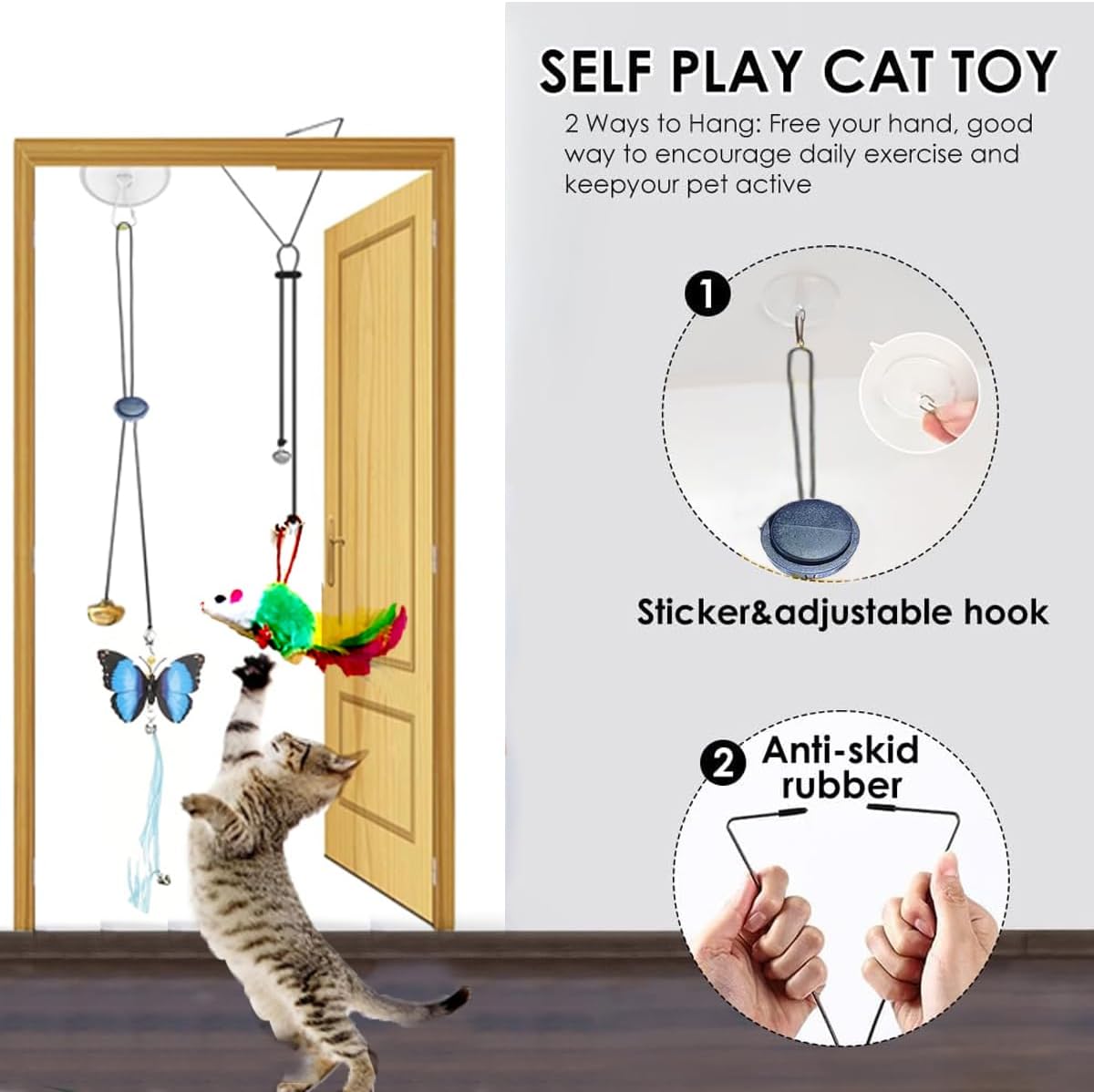 Door Hanging Cat Toys with Suction Cups, Interactive Hanging Feather & Plush Cat Toy with Bell, Assorted Replaceable Refills for Indoor Kitten Hunting Exercise & Boredom Relief (caterpillar)