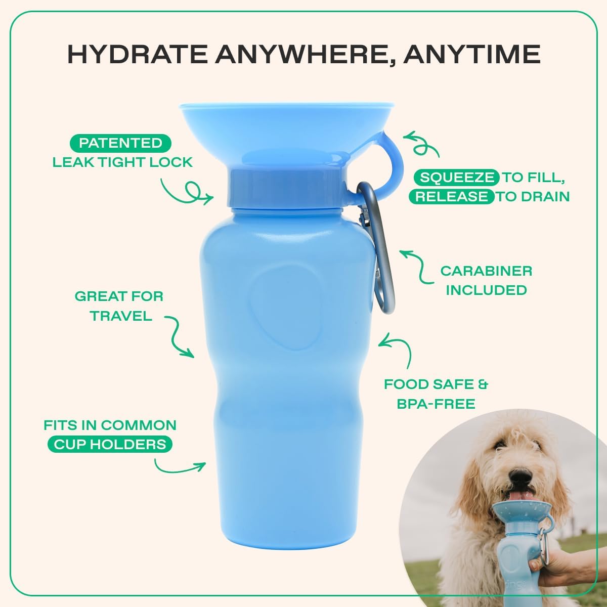 Springer Dog Water Bottle | Portable Travel Drinking Feeder Dispenser for Dogs & Puppies | As Seen on Shark Tank | Leak-Proof Bowl | BPA-Free | Outdoor Walking, Hiking & Travel | 22oz Blue 