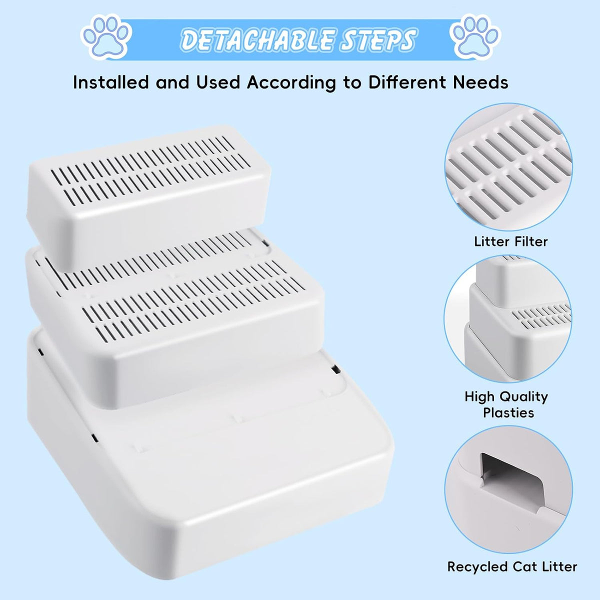 3 Step Litter Box Ramp Adjustable Detachable Litter Box Step, White