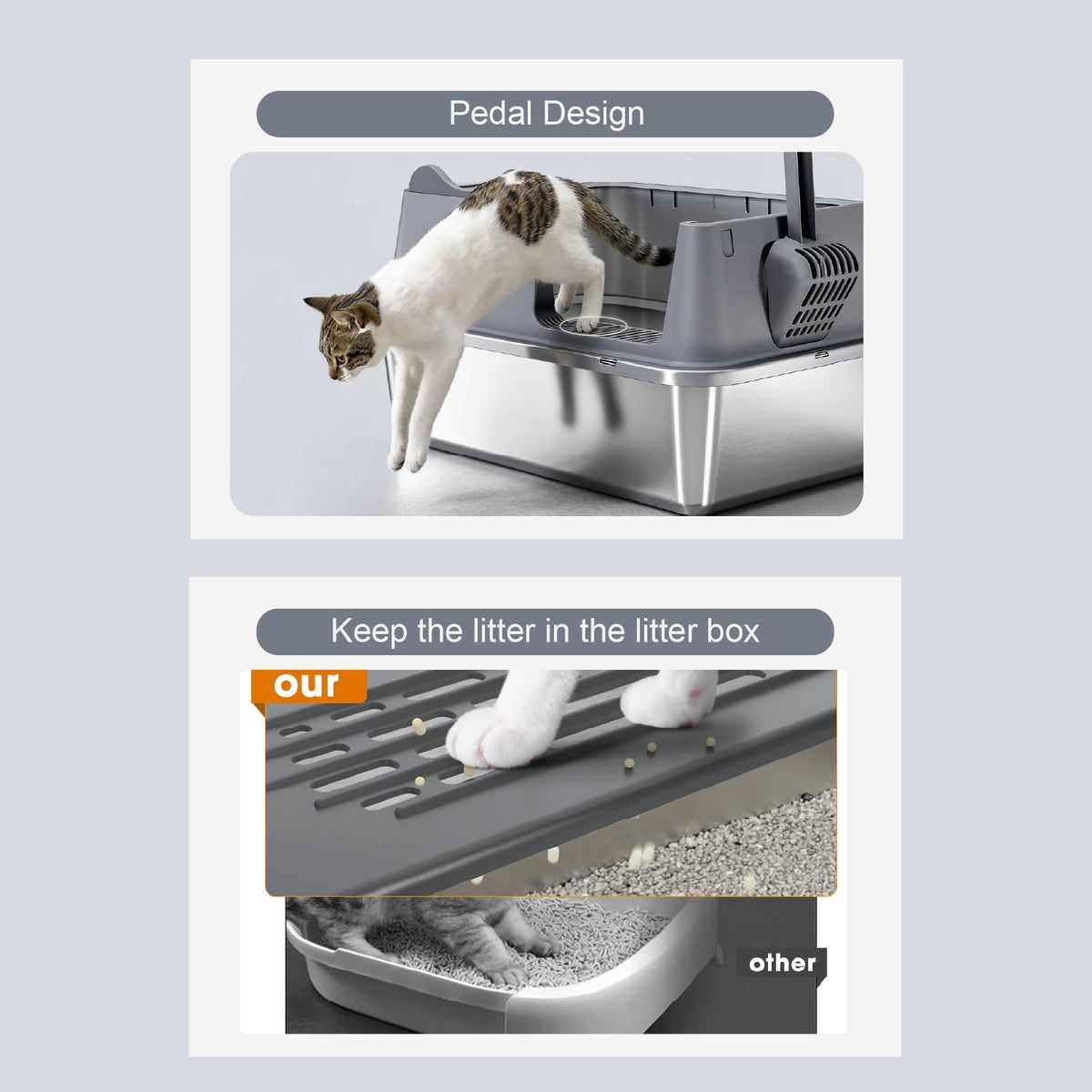 XL Stainless Steel Cat Litter Box for All Cats with High Sides and Scoop