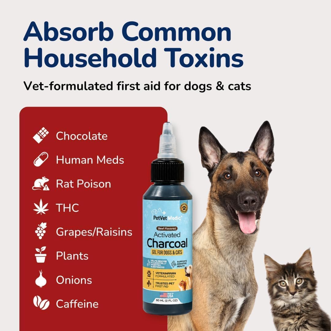 Activated Charcoal for Dogs, Cats & Puppies – Emergency Pet First Aid Gel for Accidental Ingestion, Beef-Flavored Digestive Paste, Veterinarian-Developed, Made in USA, 60 mL (Pack of 3)