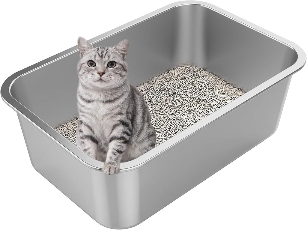 XX-Large High Sided Stainless Steel Cat Litter Box | Sturdy Metal, Odor-free, Cat Litter Non-stick and Easy to Clean, Ideal for Indoor Cats, Kittens and Multicat Houses
