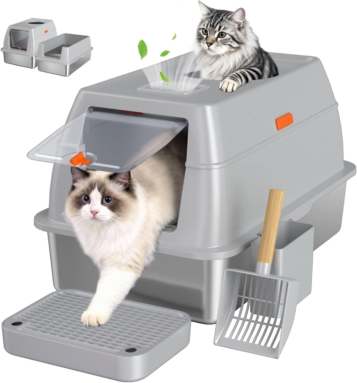 XL Enclosed Stainless Steel Litter Box with Lid, Light Gray