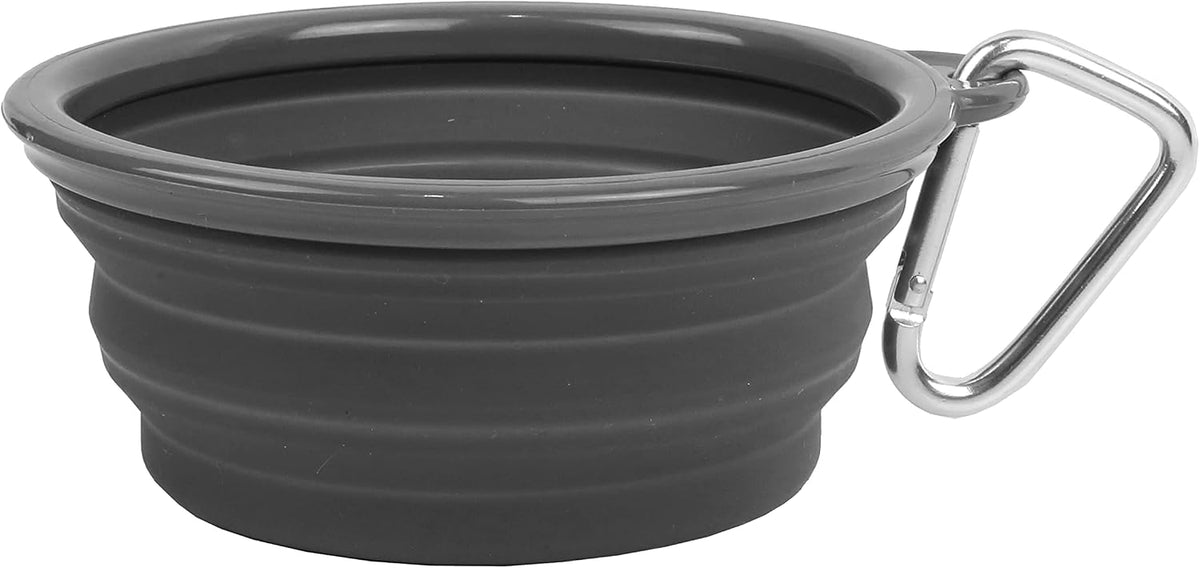 Prima Pet Collapsible Silicone Water Travel Bowl with Clip for Dog and Cat, Portable and Durable Pop-up Feeder for Convenient On-the-go Feeding - Size: Small (1.5 Cups) Grey 