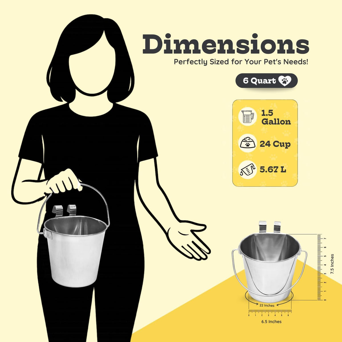 6 quart Stainless Steel Flat Sided Bucket with Dual Hooks | 1.5 gal Durable Food & Water Bowl for XL Dog Goat Sheep & Livestock | Fits kennel Cage Critter Crate | Hanging Utility Pet Pail